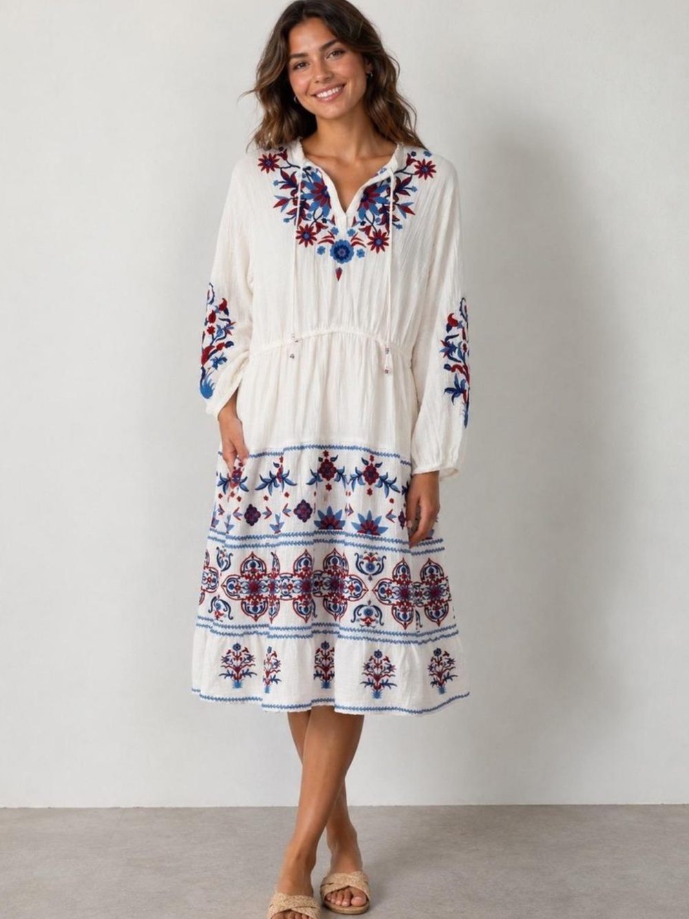 Soft Surroundings Embroidered Midi Dress plus Sz 1X White Cotton Gauze boho NWT
